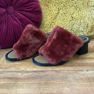 Zara Dark Copper Colored Fuzzy Furry Block Heel Mules